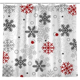 JOOCAR Christmas Snowflakes Shower Curtain Winter Red Grey White Snowflake Waterproof Shower Curtains for Bathroom Merry Xmas New Year Holiday Bathroom Shower Curtain Set with Hooks 72x72 Inch