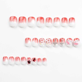 IMSOHOT Press on Nails Short Square Cute Fake Nails with 3D Cartoon Designs Glossy Red Ombre Artificial False Nails Full Cover Glue on Nails 24Pcs Kawaii Kitten Nails for Women Girls