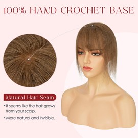 SLEEKALON Human Hair Topper with Bangs for Women, 360° Cover Bangs Clip in Hair Toppers Hair Piece Dark Brown Clip on Fake Bangs Topper Hairpiece, Hand-tied Base (Medium Brown)