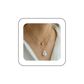 Xduargs Boho Layered Heart Pendent Necklace Gold Love Heart Pearl Necklace Vintage Baroque Pearl Choker Necklace Adjustable Puffy Heart Chain Necklace Jewelry for Women