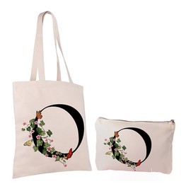 Cotton Shopper and Beauty Case Set with Letter Print, Flowers and Butterflies, Neutral Colour, Beige Natural, Letter O
