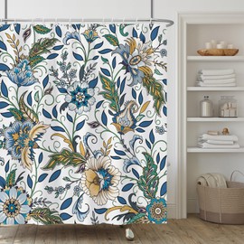 Yanutan Blue Boho Floral Shower Curtain,Vintage Bohemian Flower Shower Curtain Set for Bathroom,Modern Luxury Fabric Bath Curtain with Hooks, 72x72in