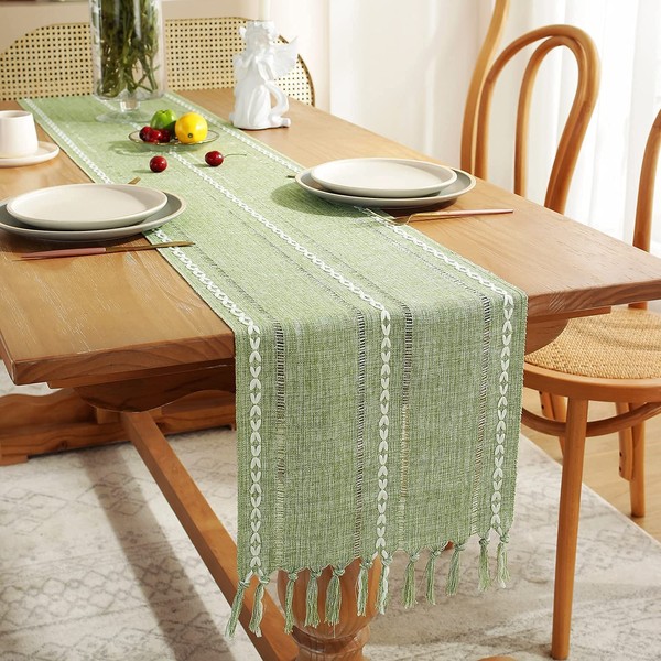 LOMOHOO Rustic Linen Table Runner with Handmade Tassel Embroidered Farmhouse Style Sage Green Table Runners 72 inches Long for Holiday Party Dining Table Wedding Decorations 183x33cm