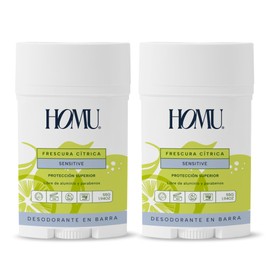 Homu | 2 Piezas Desodorante Natural en Barra Frescura Cítrica Sensitive - Fórmula para pieles sensibles (sin Bicarbonato de sodio) - Cont. 55 grs. Por pieza (Frescura Cítrica, 2)