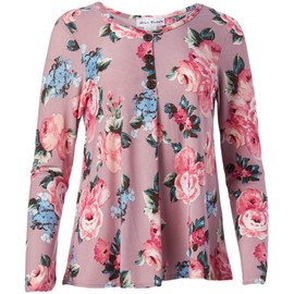 Star Vixen Women's Long Sleeve Button Front Flowy Tank Top with Pleated Detail, Mauve/Floral, XLarge