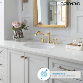 gotonovo 3-Hole Widespread Bathroom Faucet Double Cross Handle Mixer Tap for Bathroom Sink Deck Mount Hot Cold Water Matching Pop Up Drain Victorian Spout Brushed Gold