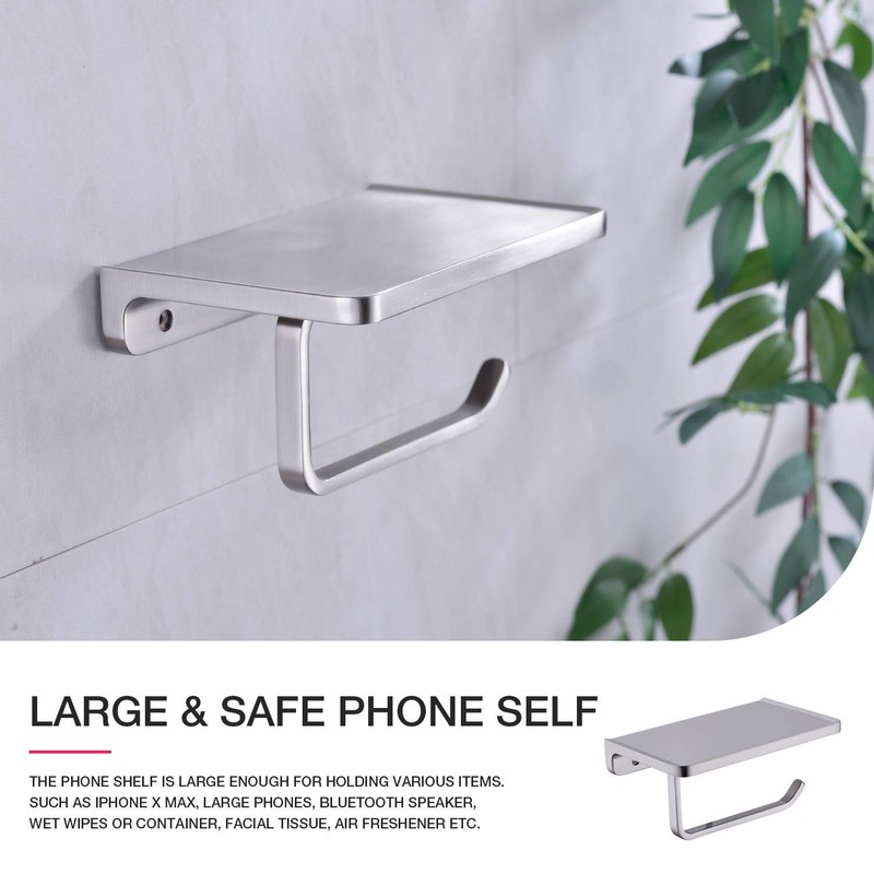 Toilet Paper Holder with Phone Shelf Solid Metal Bathroom Wall
