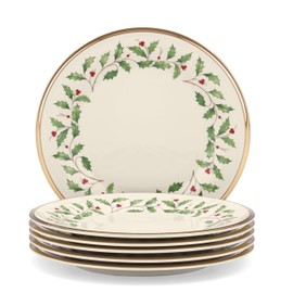 Lenox Holiday 6-Piece Salad Plates Dinnerware Set, Service For 6, Porcelain, Dishwasher Safe, Round Plates Set, Ivory Red & Green, Perfect for Gatherings, Hosting, Christmas Dinnerware (Ivory 6 Piece)