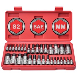 Master Hex Bit Socket Set 32-Piece, Allen Socket Set, 1/4'', 3/8”& 1/2'' Hex Drive Sockets, SAE & Metric, S2 Alloy Steel Combine with Cr-V, 5/64” to 3/4”, 2mm to 19mm