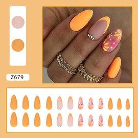 Long Almond Press on Nails,Apricot Yellow Solid Color Fake Nails,French Tip False Nail with Colorful Flowers Designs,Matte Artificial Nails Glue on Nails,Reusable Stick on Nails for Women 24Pcs