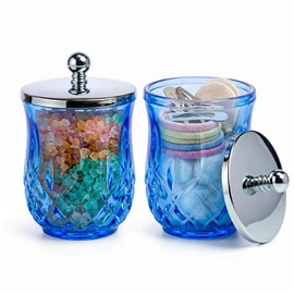 2 Pack Glass Qtip Holder Dispenser Set, Round Bathroom Apothecary Jars with Silver Lid for Cotton Swabs, Balls, Pads, Floss Picks, Vanity Storage Container for Makeup, Candy, Jewelry(10 Oz, Blue)