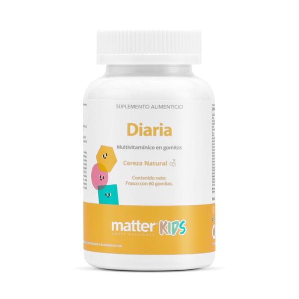 Matter Diaria Kids - Multivitaminico y multimineral para niños, 60 gomitas de corazón sabor cerezal natural.