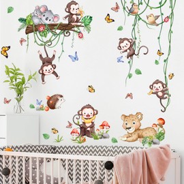 Buiory Safari Monkey Climbing Tree Wall Stickers Jungle Animals Vine Leaves Wall Stickers Vinyl Sloth Leopard Butterfly Plants Mural Art Decor for Kids Baby Nursery Bedroom Living Room Sofa TV Wall