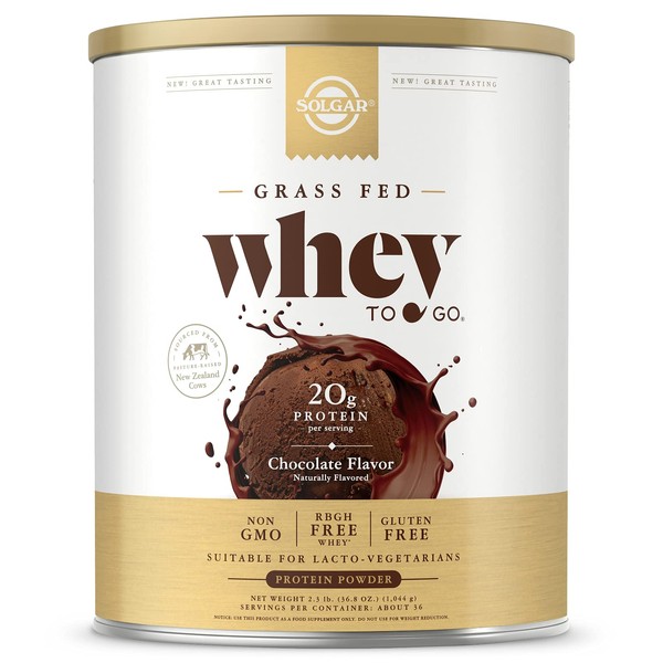 Solgar Grass Fed Whey to Go Protein Powder Chocolate, 2.3 lb - 20g of Grass-Fed Protein from New Zealand cows - Great Tasting & Mixes Easily - Supports Strength & Recovery - Non-GMO, 36 servings