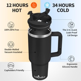 Labulabla 40oz Tumbler with Handle,Double Wall Vacuum Reusable Stainless Steel Insulated Water Bottle,With Leak Proof lid and Straw for Iced or Cold Beverages (Black)