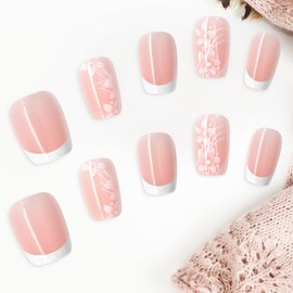 FEMBW Press on Nails Kurze, Quadratische Fingernägel zum Aufkleben, Squoval Nude Natürlich Kreative Blühende Blumen Fake Nägel, Full Cover Kunstnägel Fake Nails für Frauen