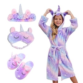 Piefry Soft Unicorn Hooded Bathrobe for Girls with Unicorn Slippers, Blindfold and Headband - Gifts for Girls (Purple, 10-11 Years)