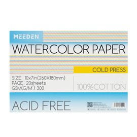 Bloque de Papel para Acuarela MEEDEN, Juego de 20 Hojas de Papel para Acuarela 100% Algodón, 140 lb/300 g/m², Papel de Arte Libre de Ácidos para Acuarela, Gouache, Tinta y Más, 10" x 7" Prensado en