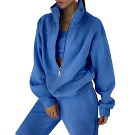 Kissonic Womens Two Piece Outfits Tracksuit Sets Half Zipper Fleece Joggers 2 Piece Long Sleeve Sweatshirts Jogger Pant(Blue-L)