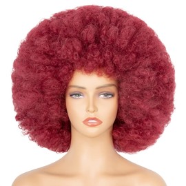 70's Afro Wig for Women, Burgundy Wine Red Short Afro Kinky Curly Wig, Glueless Synthetic Wig with Bangs, Puffy & Fluffy Bouncy Afro Wig for Daily Cosplay Party