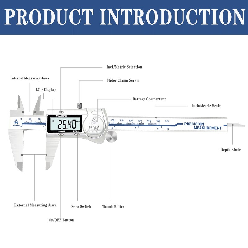 ACEMETER Digital Caliper,6 Inch Caliper Measuring Tool,IP54 Waterproof Protection Design,Large