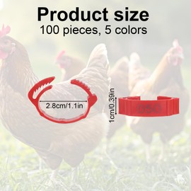 100pcs Chicken Leg Bands, Durable Poultry Leg Rings Numbered Identification Tags Adjustable Chicken Bracelets for Hens Ducks Geese Turkeys Coop Accessories for Easy Farm Management (5 Colors)