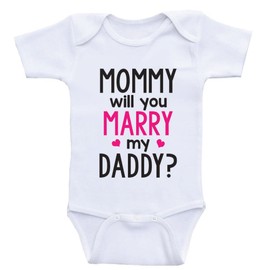Heart Co Designs Cute Proposal Baby Clothes - Mommy Will You Marry My Daddy - Baby Bodysuits (9mo-Short Sleeve, Hot Pink Text)