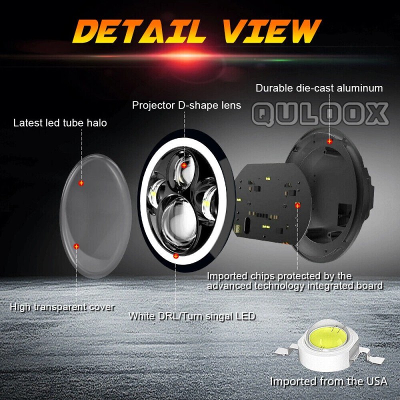 QULOOX Pair 7" Inch Round LED Headlights Hi/LO Sealed Beam