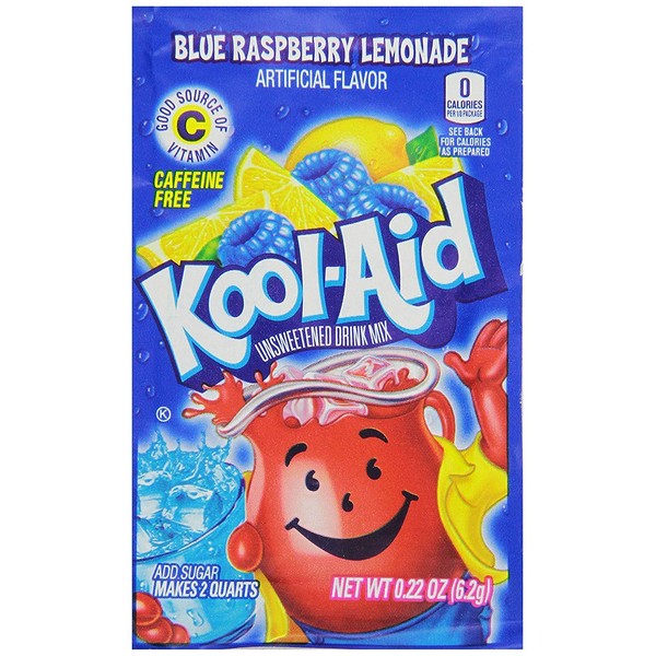 Kool-Aid Unsweetened Blue Raspberry Lemonade Artificially Flavored Powdered Drink Mix, 0.2 Ounce (Pack of 96)