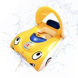 GOVOY Kids Float Yellow Car with Canopy Inflatable Pool with Horn Floatie Toys with Leash Swimming Ring Beach Party Raft Water Battle Games for Kids Age 1 2 3 4 5 6