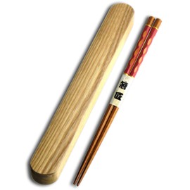 Nagao Chopsticks and Case Set, 9.1 inches (23 cm), Hand Carved Chopsticks, Red, Wood