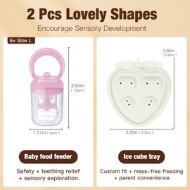 Omnilove Baby Fruit Feeder & Popsicle Molds Tray Combo, New Born Must Haves and Babies Led Weaning Supplies for Safe Infant Self Feeding, 6+ Month (Pink)