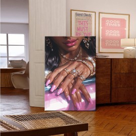 African American girl colorful painting art luxury black girl art pink nails diamond jewelry fashion wall painting ideal for bedroom decoration 8x12in Frameless