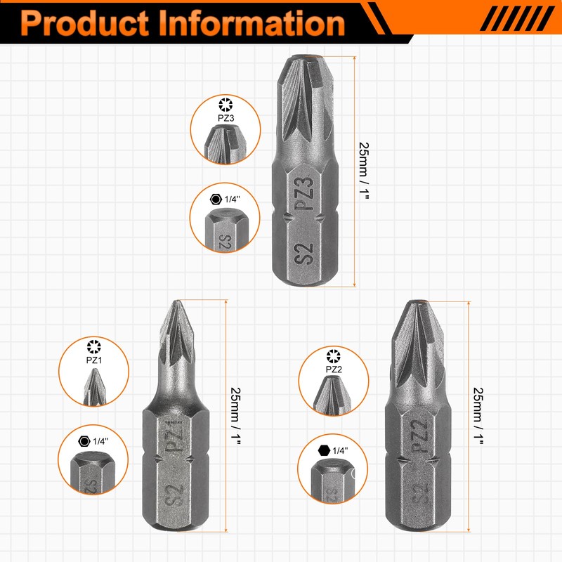 sourcing map 3pcs PZ1/PZ2/PZ3 Screwdriver Bit 1/4" Hex Shank 25mm/1"