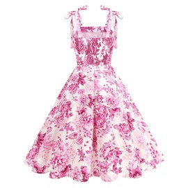 50s Style Dresses for Women 1950s Vintage Floral Cocktail Swing Dress Spaghetti Strap Square Neck Audrey Hepburn Rockabilly Dress Retro Church Flare A Line Casual Graduation Tea Party Dresses Pink M