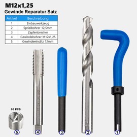 DASBSTE Thread Repair Set, Thread Repair Tools with M5 M6 M8 M10 M12 M14 to Choose From, for Aluminium, Plastic & Metal (M12 x 1.25)