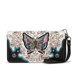 Western Style Spring Butterfly Floral Laser Cut Women Country Wallet Black