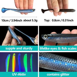 VEYCVLA Fishing Rubber Fish Zander Set 10 cm 5 Pieces Colours Rubber Bait Zander Fishing Soft Bait Fishing Bait UV Active Rubber Fish Set Zander Rubber Fish Zander Bait