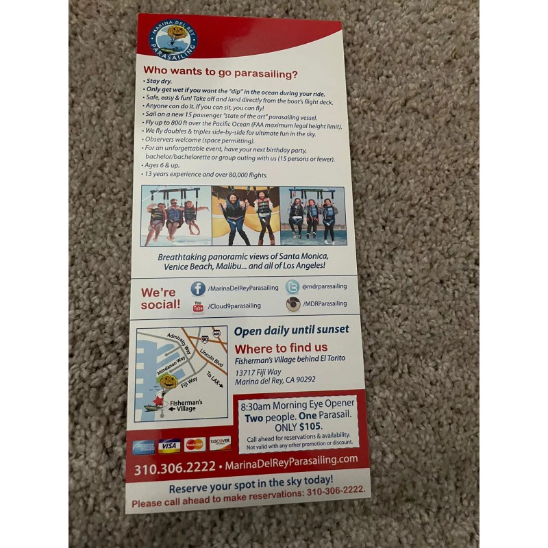 Parasailing MARINA DEL REY Tourist Guide Map Brochure Flyer California