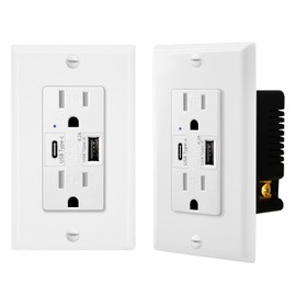 USB Outlet with 2 Ports (Type A+C), 15A Tamper-Resistant Electrical Receptacle, UL/FCC Listed, Wall Plate Included for Bedroom, Kitchen, Bathroom, Office, 2-Pack, White