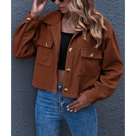 Gihuo Women's Fashion Cropped Shacket Button Down Corduroy Shacket Jackets Casual Plaid Long Sleeve Crop Jackets Tops (Brown, Medium)