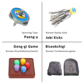 Korean Traditional Games Set - Gonggi, Ddakji, Jebi Chagi, Biseokchigi, Paeng-i (5-in-1 Folk Play Kit) | Desktop Leisure Games for Adults & Kids | Fun Cultural Gift & Home Activity
