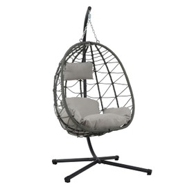 Hanging Egg Chair with Stand, Egg Swing Hammock Chair with Stand, Indoor Outdoor Wicker Egg Chair with Cushion Headrest for Patio Bedroom Porch Garden,150lbs Capacity,Gray-Light Gray