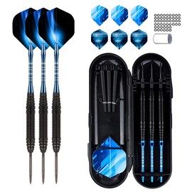 Jiahuade Darts with Metal Tip, 3 Pieces 22 g Professional Steel Darts, Steel Darts Set 3 Aluminium Shaft with 9 Flights, 50 Anti-Loose Rubber Rings and 1 Dart Tool Sharpener (Blue)