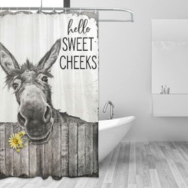 citari Funny Donkey Shower Curtain Rustic Floral Farmhouse Bathroom Shower Curtains Black and White Cute Animal Modern Polyester Fabric Waterproof 12 Pack Plastic Hooks 60 x 72 Inch