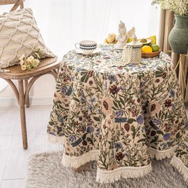 SUTAVIA French Floral Tablecloth Hand-Made Cotton Fabric with Lace Vintage Berry Garden Pattern Tabletop Sofa Cover Blanket for Home Holiday Party Decor (Red Floral, 60" Round)