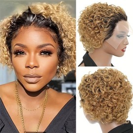 CAUBINO Pixie Cut Wig Human Hair Ombre Blonde 13X4X1 HD Lace Pixie Cut Lace Front Wigs Human Hair Short Bob Wigs Curly wave Lace Front Pixie Cut Wigs Pre Plucked With Baby Hair