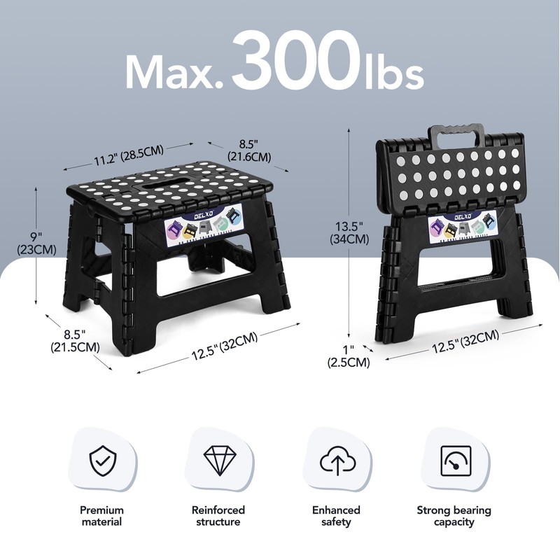 Delxo 9 Inch Folding Step Stool, Black Step Stools Foldable,Portable