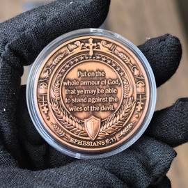 Armor of God Challenge Coin - Inspirational Christian Coin with Ephesians 6:11 Bible Verse, Motivational Knight Shield Design