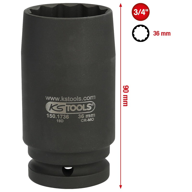 KS Tools 150.1736 Drive Shaft Power Socket, 12-Point, 3/4 Inch,